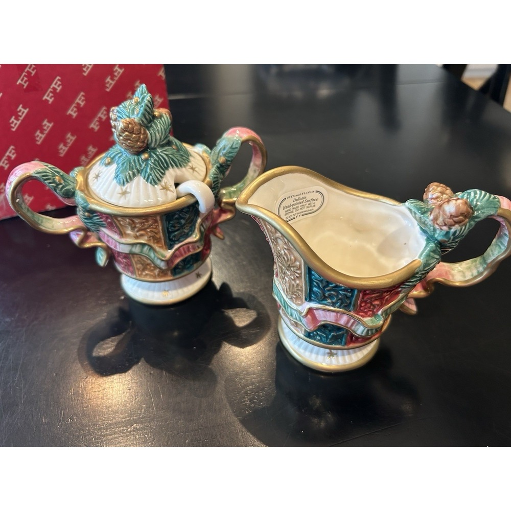 Vintage Fitz and Floyd Sugar and Creamer with Spoon, Damask Christmas Box NOS